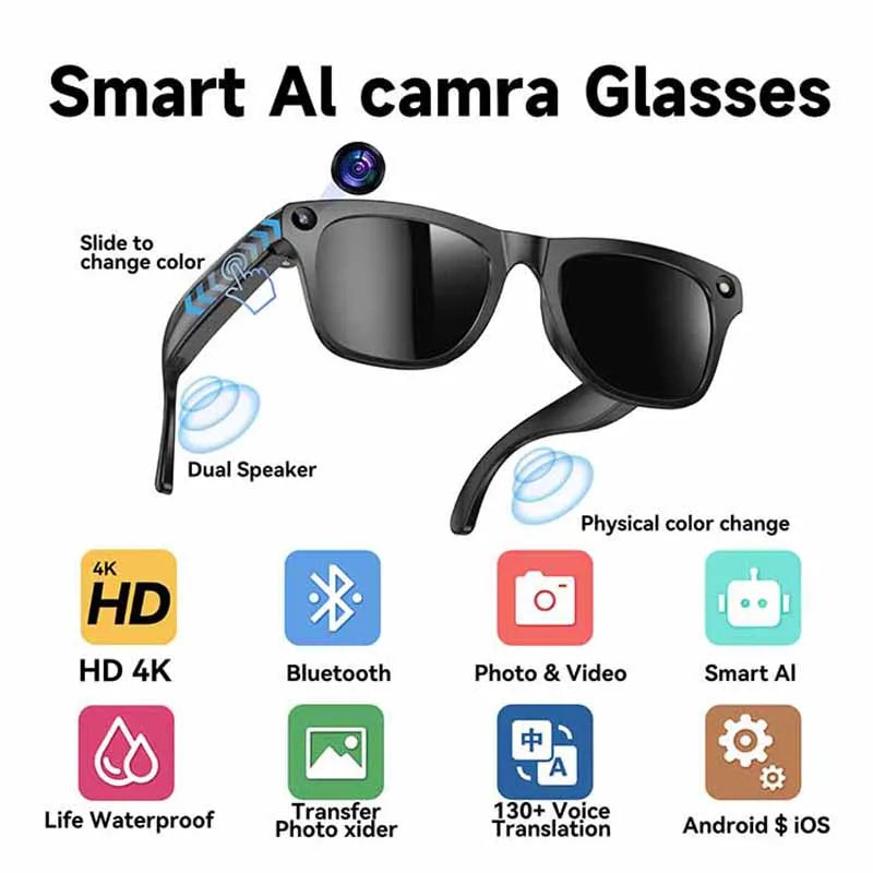 4k Smart AI Bluetooth Glasses HD 800W pixel Shooting Waterproof Camera Photo Video Voice Call Translation Smart Glasses 2026