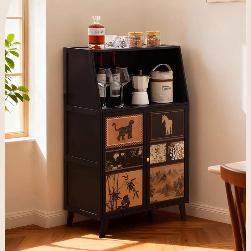 Mid-Century Modern Kitchen Sideboard Multi-layer Narrow Storage Cabinet Bamboo Buffet Console for Dining Room Organizer Cabinets