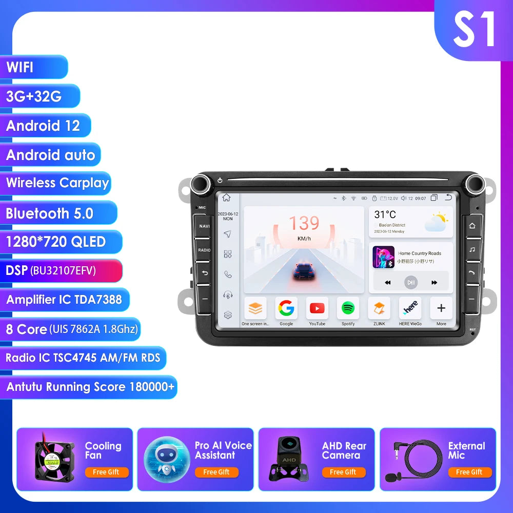 Hizpo 2Din 8'' Carplay 4G AI Systems Android 14 Car Radio forVolkswagen Golf 5 6 Polo Passat B6 B7 CC Skoda Jetta  Autoradio