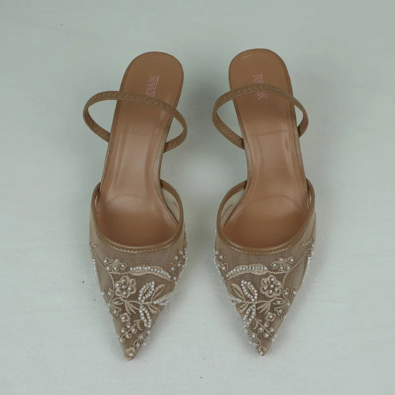 Women's Sandals 2025 Summer Brand Designer Ladies Flower Mesh Open Heel Shoes Sexy High Heel Pointed Toe Stiletto Pumps Mules