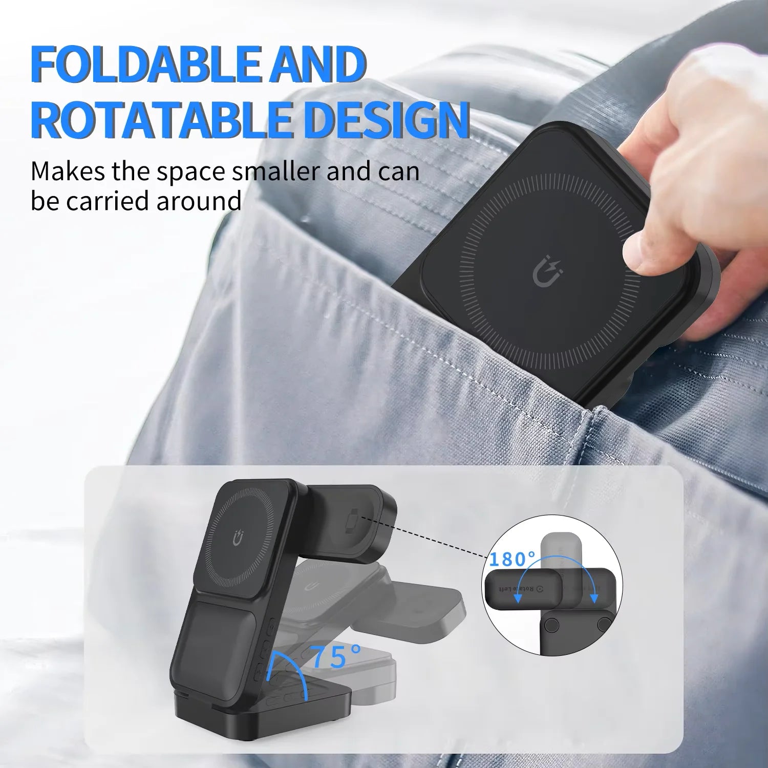 New Folding 3-in-1 Wireless Charger 15W Magnetic Wireless Charger Comes With Clock and Power Display functions For Phones