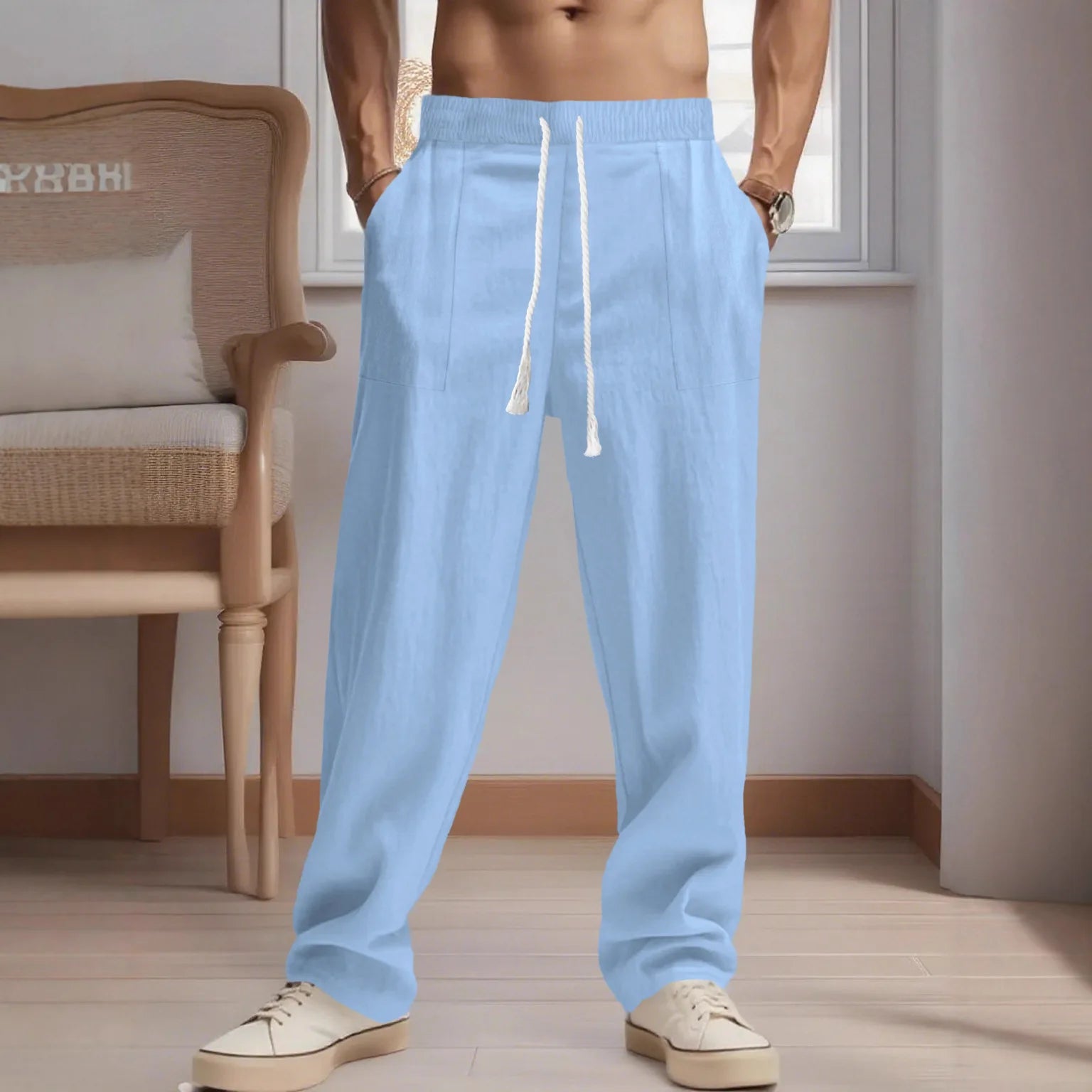 New men's Chinese-style solid-color cotton and linen pants for spring and autumn, with multiple pocket drawstring designs