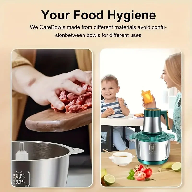 5L Stainless Steel Food Processor with 6-Blade System - Fast Meat Mincer & Vegetable Chopper, 5 Speeds（European Plug ）