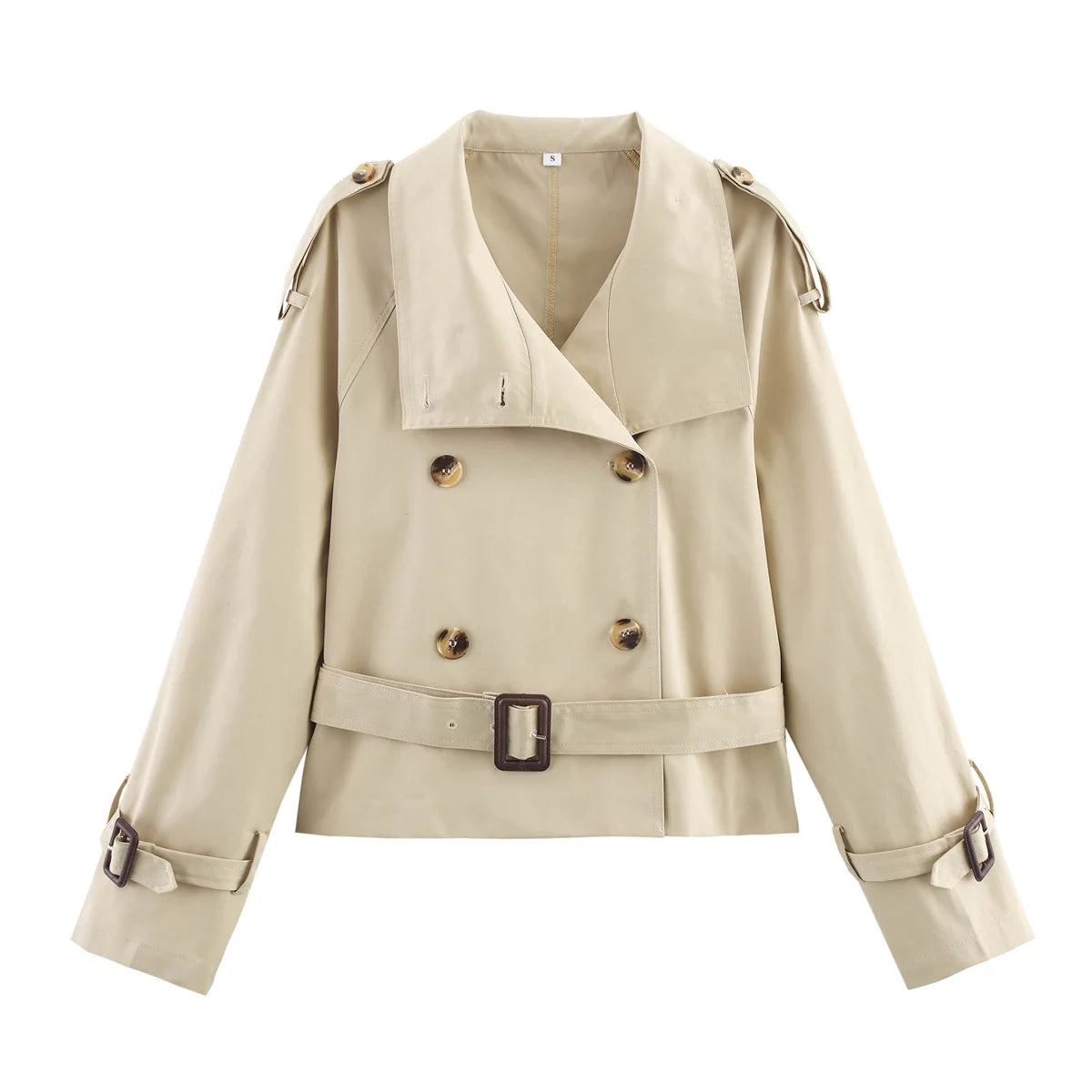 Khaki Short Style Fashionable Casual Design Spring Autumn Women's Windbreaker Coat Street Trend Street Style Double Breasted - 50% off.