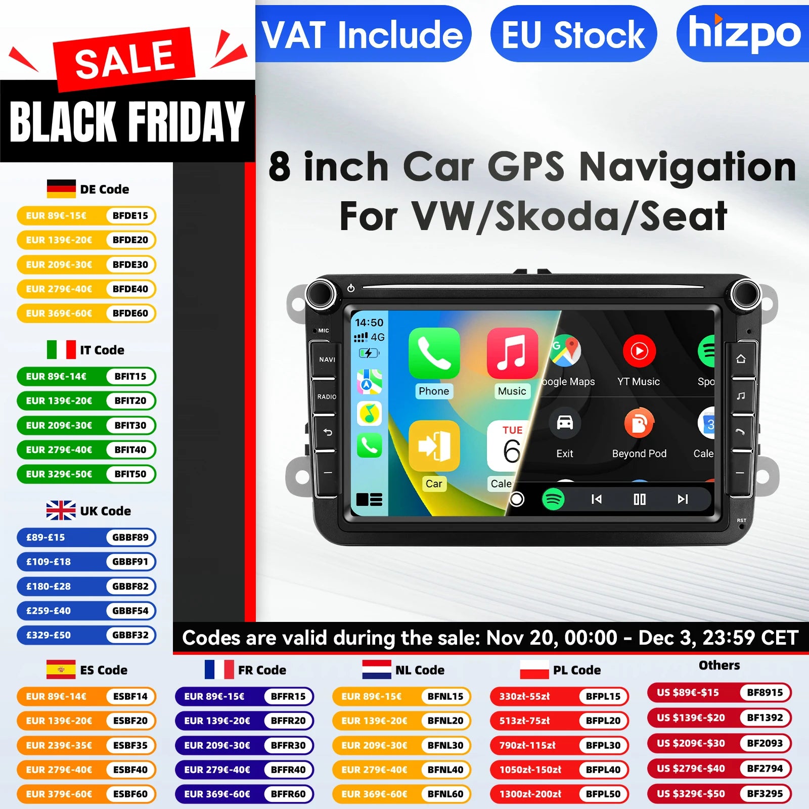 Hizpo 2Din 8'' Carplay 4G AI Systems Android 14 Car Radio forVolkswagen Golf 5 6 Polo Passat B6 B7 CC Skoda Jetta  Autoradio