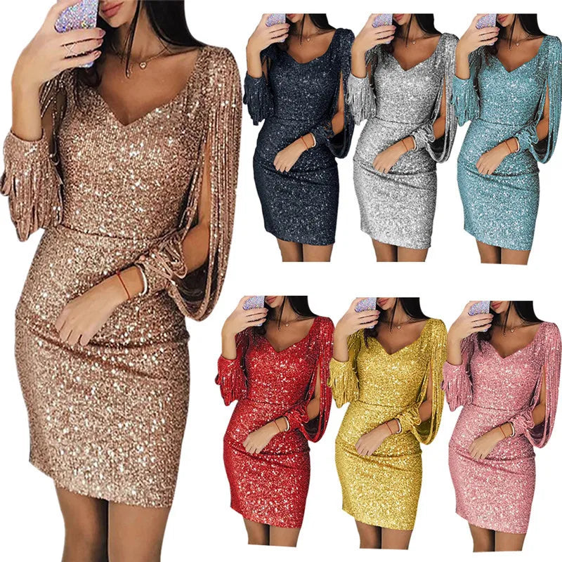 Elegant Women's Midi Dresses 2025 Spring Autumn Shiny Tassel Long Sleeve Dress Vestido De Fiesta Party Dresses Sexy Vestidos