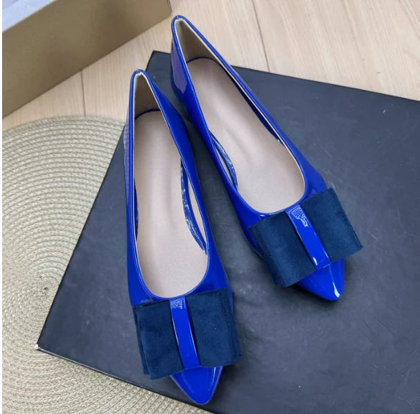 Women Shiny Leather Pointy Tip Slip-On Orange Green Flat Shoes Leathers Low Top Chaussures Bow 34 48 Skinny Shoes For Slim Feet