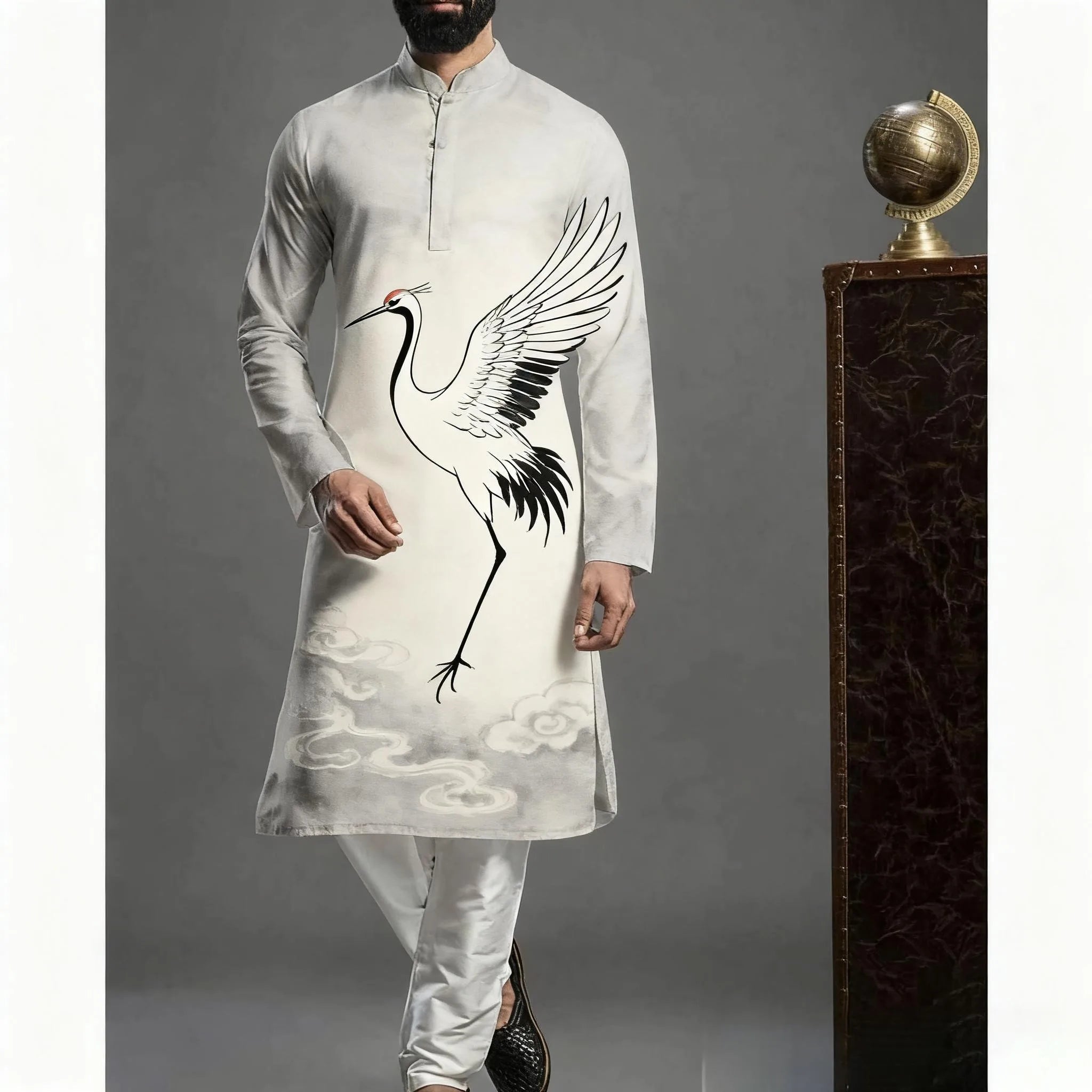 Muslim Kurtta Shirt Men Clothes Folk Kaftan Musulman Kurta Indian Islamic Clothing National Printed Long Sleeve Shirts
