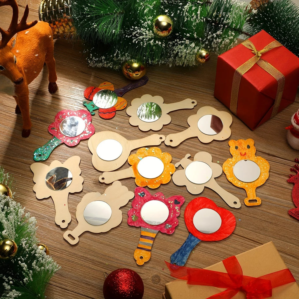 12 Pcs Wooden Mini DIY Painting Mirrors Unfinished Handmade Craft Mirror DIY Wood Painting Mirror for Wood Crafts DIY Activity