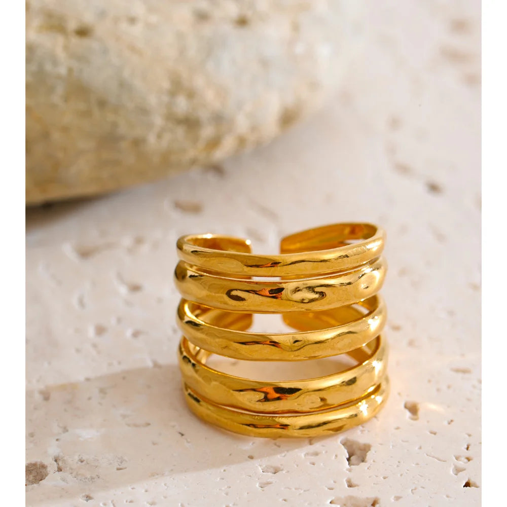 Yhpup Size 7.5 Stainless Steel Layered Wide Open Ring 18K Gold Color PVD Plated Geometric Charm Finger Fashion Jewelry Wholesale