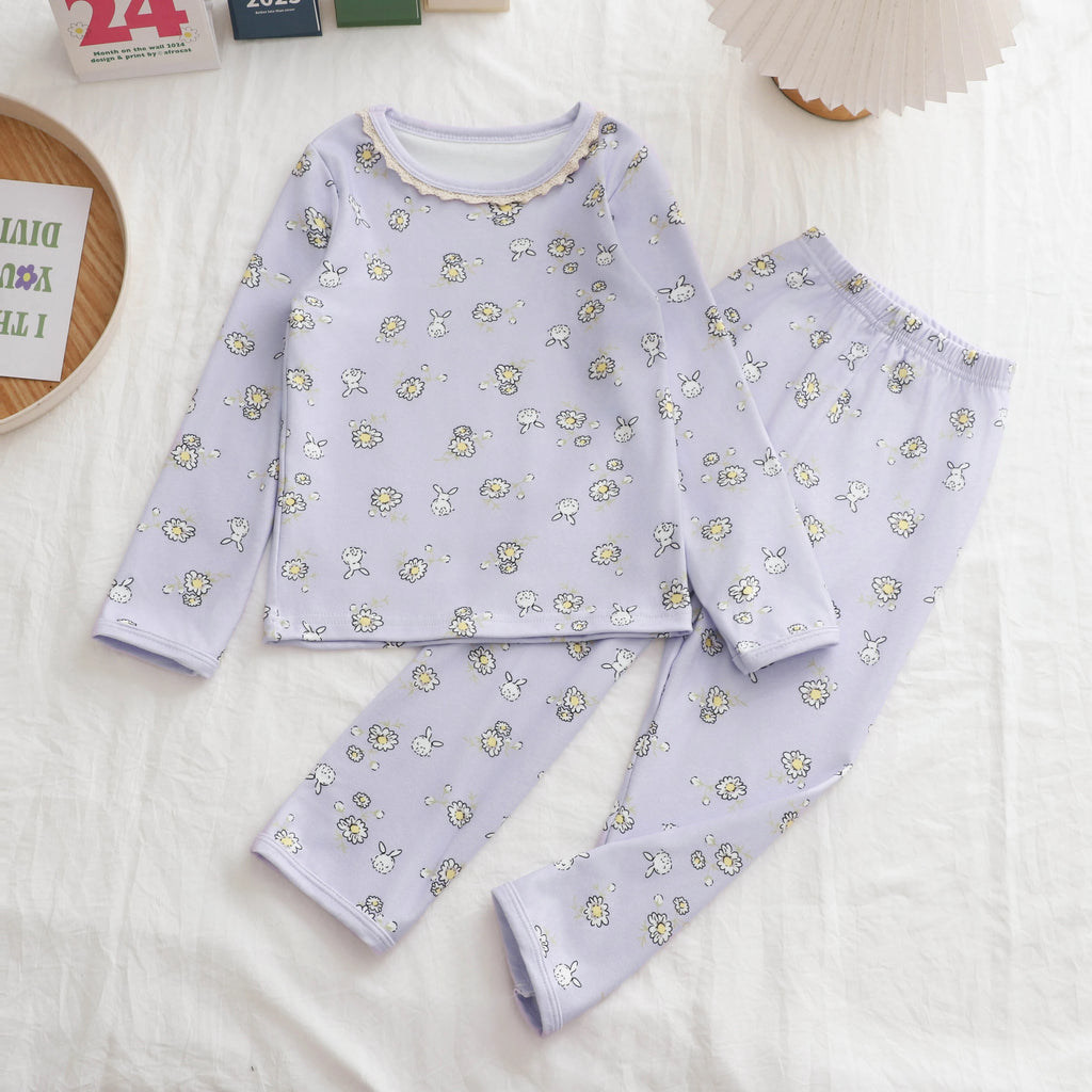 De Rong Thermal Autumn Clothing Set for Girls, Floral Loungewear, Long-Sleeved Top and Long Pants Set, Pajamas, New Spring and Autumn Two-Piece Trendy Set