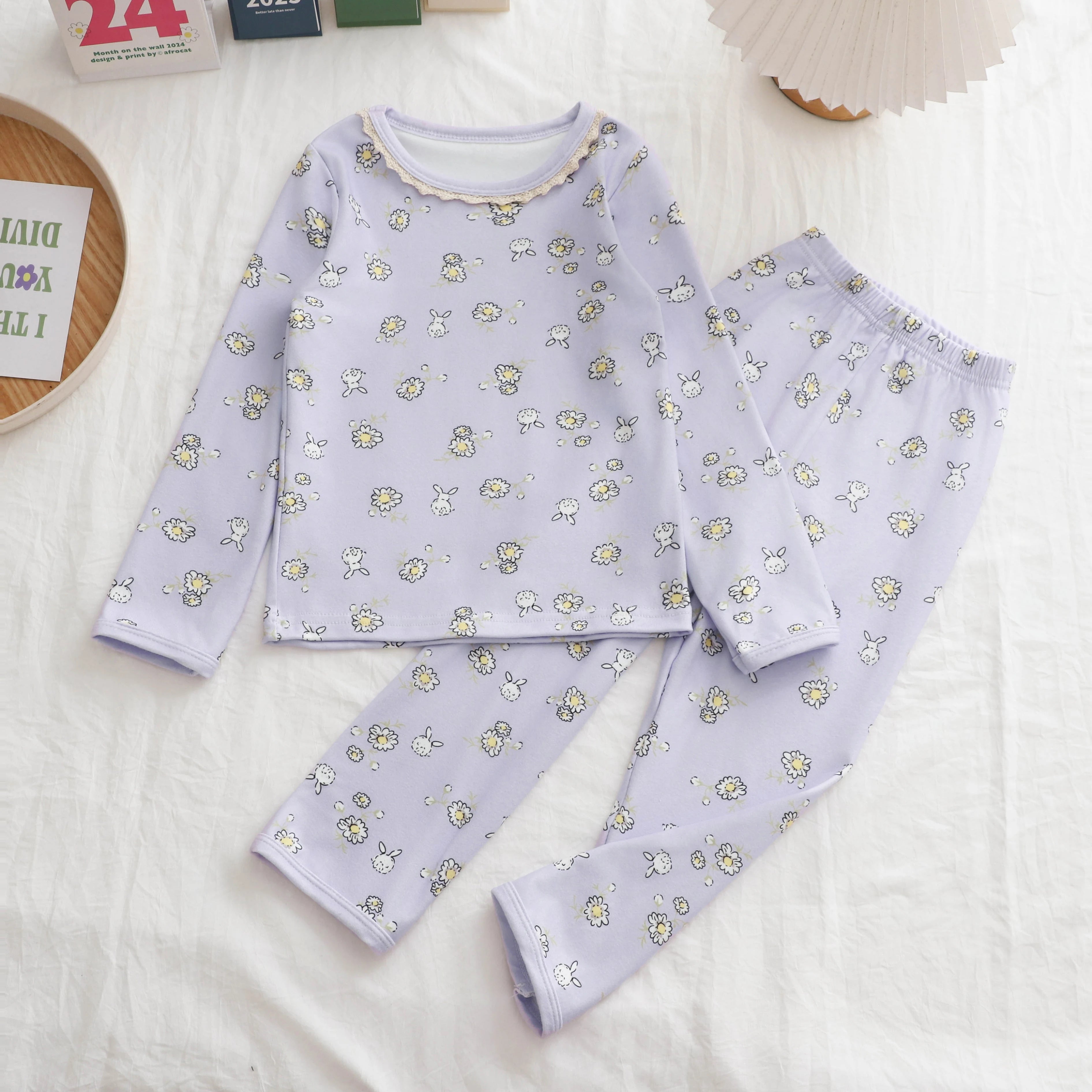 De Rong Thermal Autumn Clothing Set for Girls, Floral Loungewear, Long-Sleeved Top and Long Pants Set, Pajamas, New Spring and Autumn Two-Piece Trendy Set