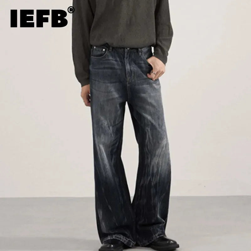 IEFB Men's American Style Denim Pants Washing Tie Dying Contrast Color Casual Wide Leg Flared Trousers Autumn Male Jeans 9W4182