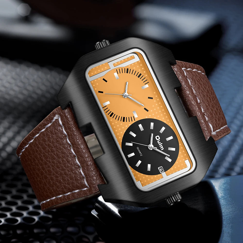 Oulm New Fashion Trend Cool Men's Watch Night Light Calendar Function Dual Time Zone Rectangular Large Dial Quartz Watch reloj
