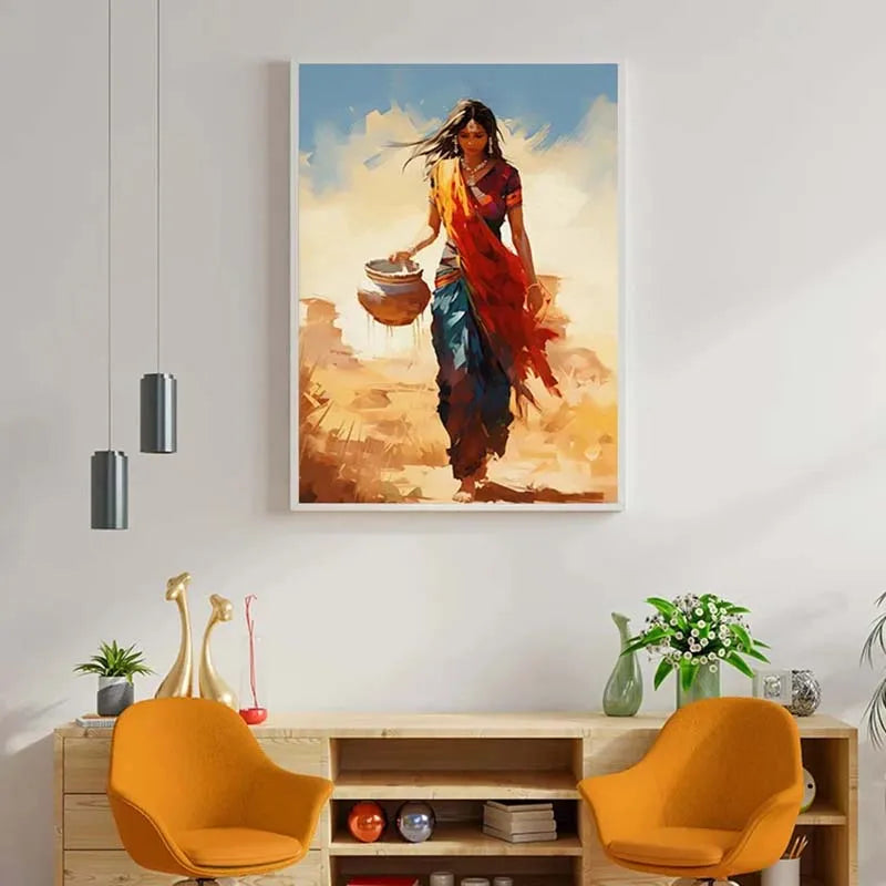 Indian Woman Dance Poster Vintage Traditional Beautiful Indian Woman Art Canvas Painting Wall Print Picture Room Home Decor - Free Item.