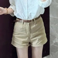 Khaki Casual Shorts for Women Summer All-Match Stretch Denim Straight Shorts Ladies Korean Simple with Belt Hot Short Pants