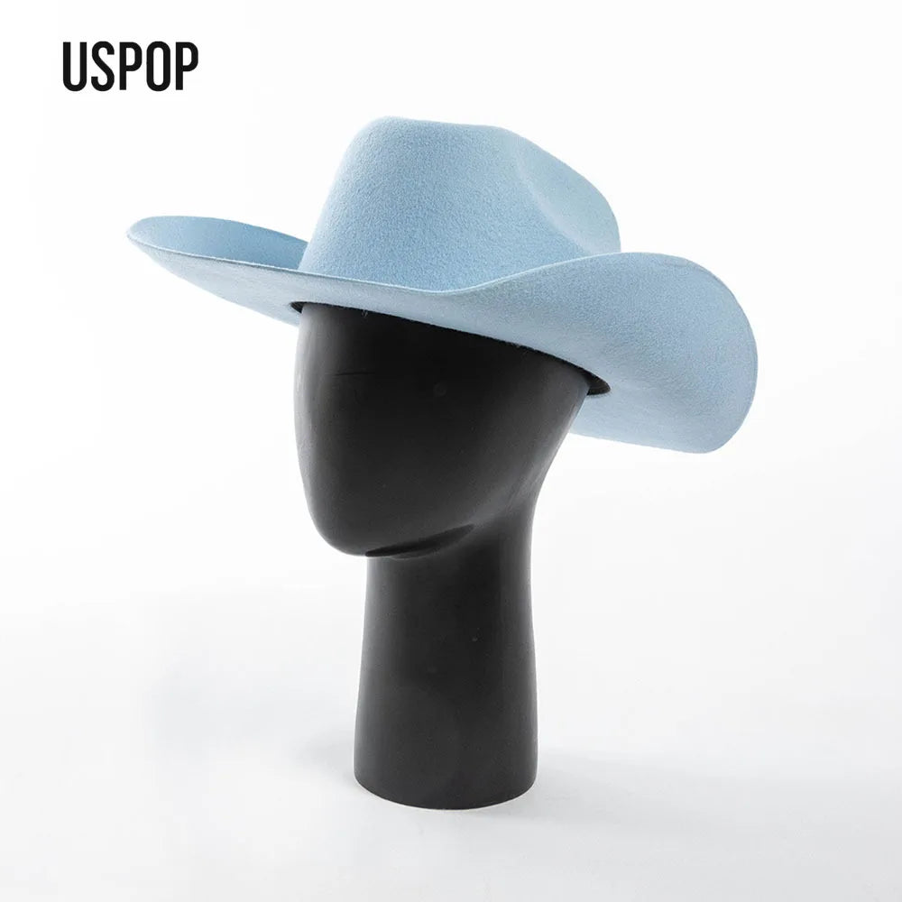 USPOP 100% Wool Cowboy Hat Unisex Wide Brim Felt Hat Solid Color Classic Fedora Style Multiple Sizes S–XL Autumn Winter