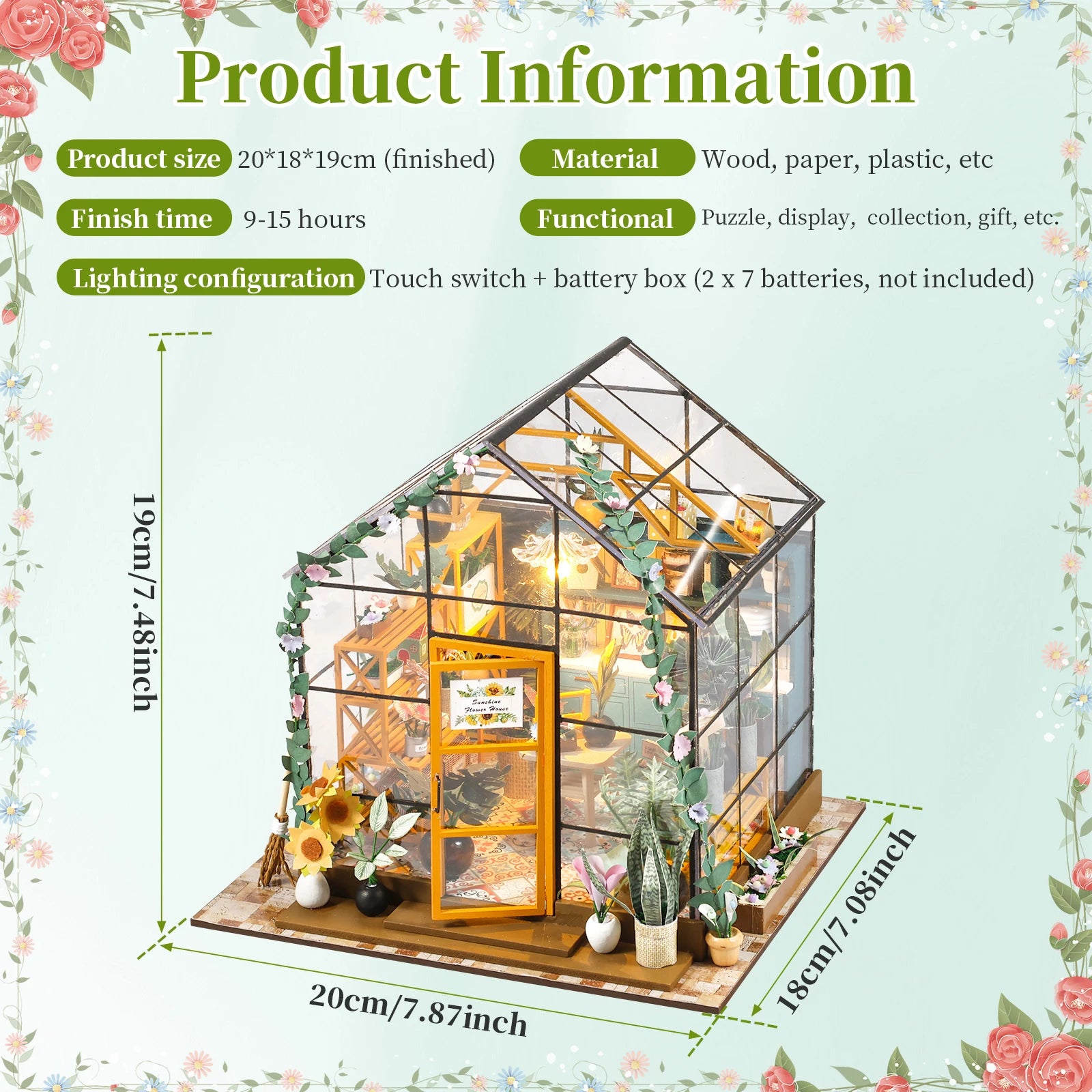 DIY Miniature Garden House Kit with Furniture and LED Light DIY Dollhouse Craft Set Gifts Wooden Greenhouse Model Building Kits