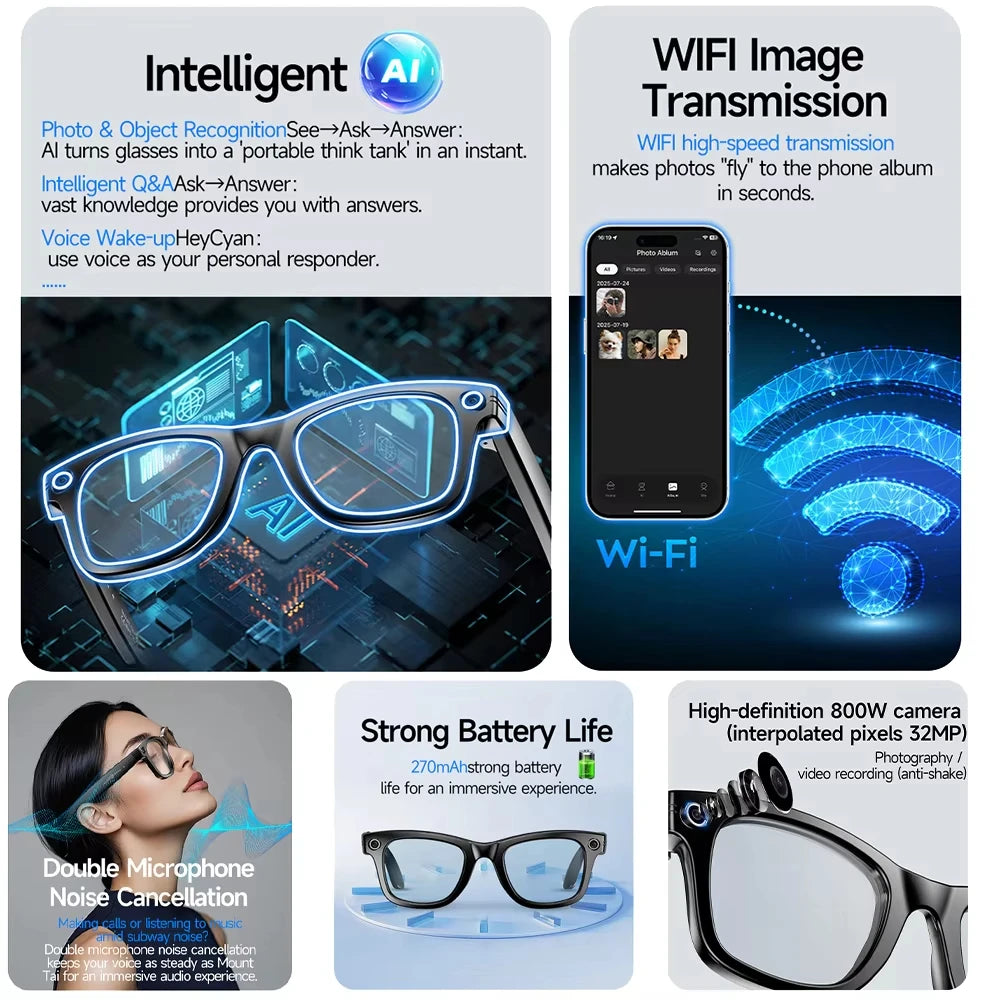 2026 New AI Smart Glasses with 8MP Camera 1080P Video Record 4GB Men Women SI Real-time Translation BT Call Music Play Lenses