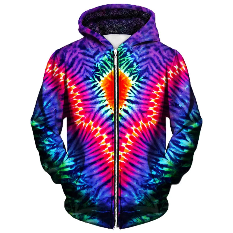 Cool Colorful Pattern Zip Hoodie Personality Street Harajuku Fashion Hooded Coat 3d Print Striped Dot 2024 Spring New Hoodies
