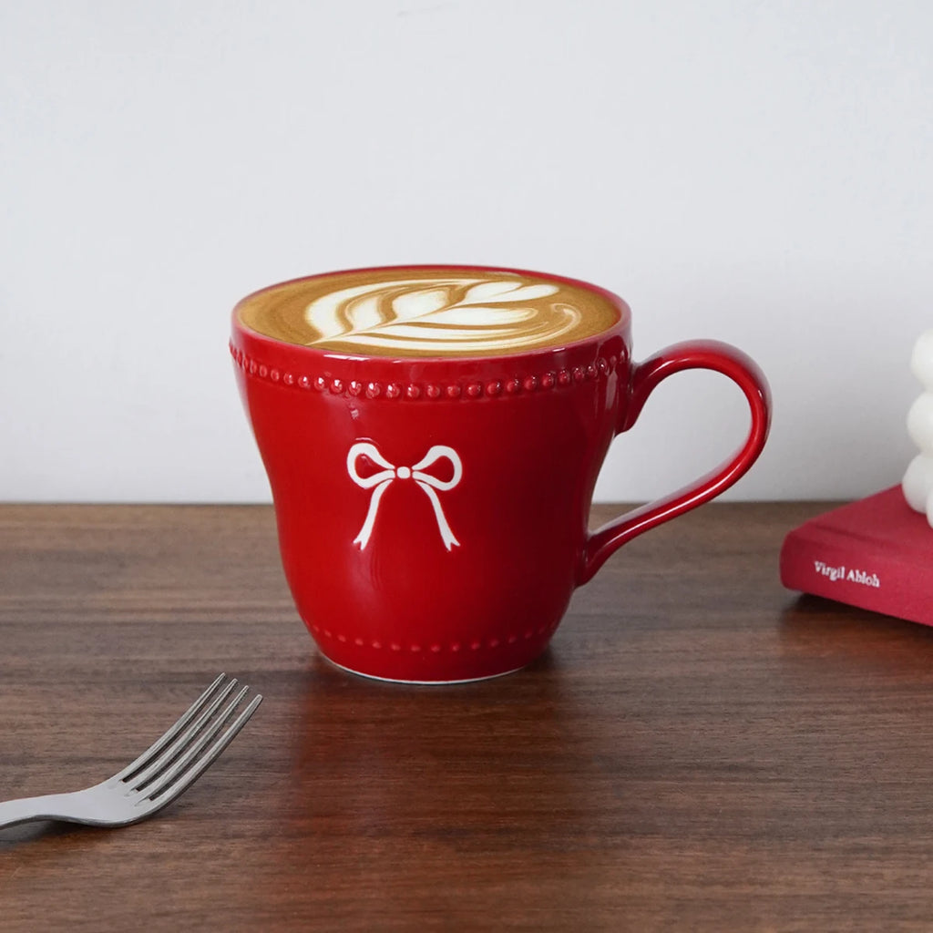 1Pc Ceramic Mug with Bowknot Design, Pearl Dot Lace Design, Exquisite and Simple Bowknot Mug Coffee Cup, Suitable for Home Decoration, Daily Breakfast Drinking Cup, Afternoon Tea Coffee Cup, Restaurant Cafe Latte Art Cup, Gif