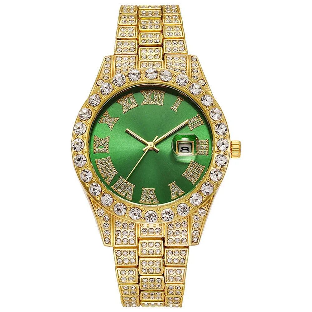 Hip Hop Luxury Men Calendar Watch Stainless Steel Gold Color Iced Out Paved Rhinestones Wristwatch Reloj Hombre