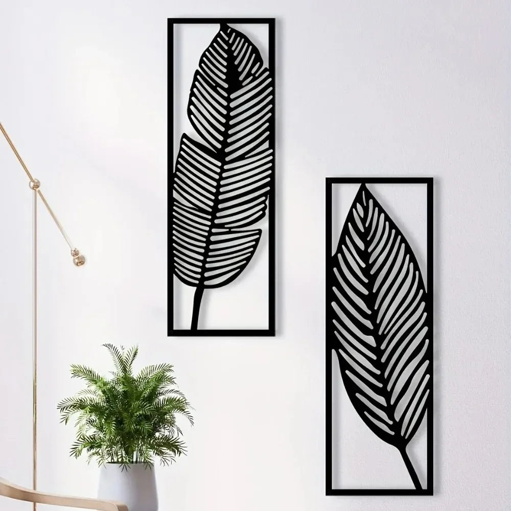 Decorative Leaves Metal Wall Art: Set of 2 for Home Wall Decor Black Metal Hanging Leaves Elegant Iron Art