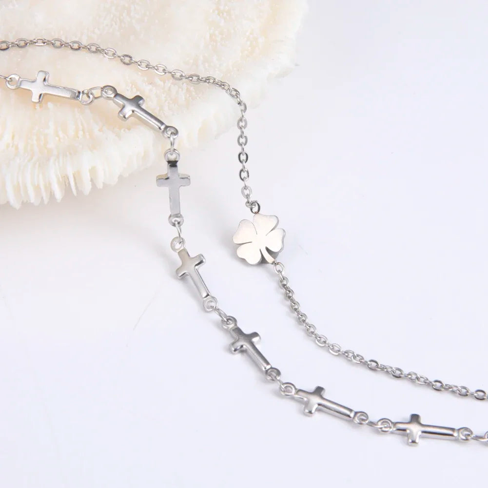 Skyrim Foot Chain of Women Men Silver Color Four-leaf Clover Stainless Steel Anklet Simple Beads Fashion Jewelry Accessories New