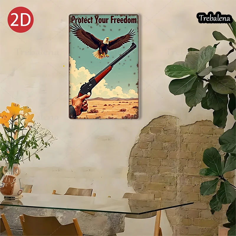1PC 2D Flat 8*12inch Metal Sign Eagle and Rifle Desert Freedom Art Tin Sign