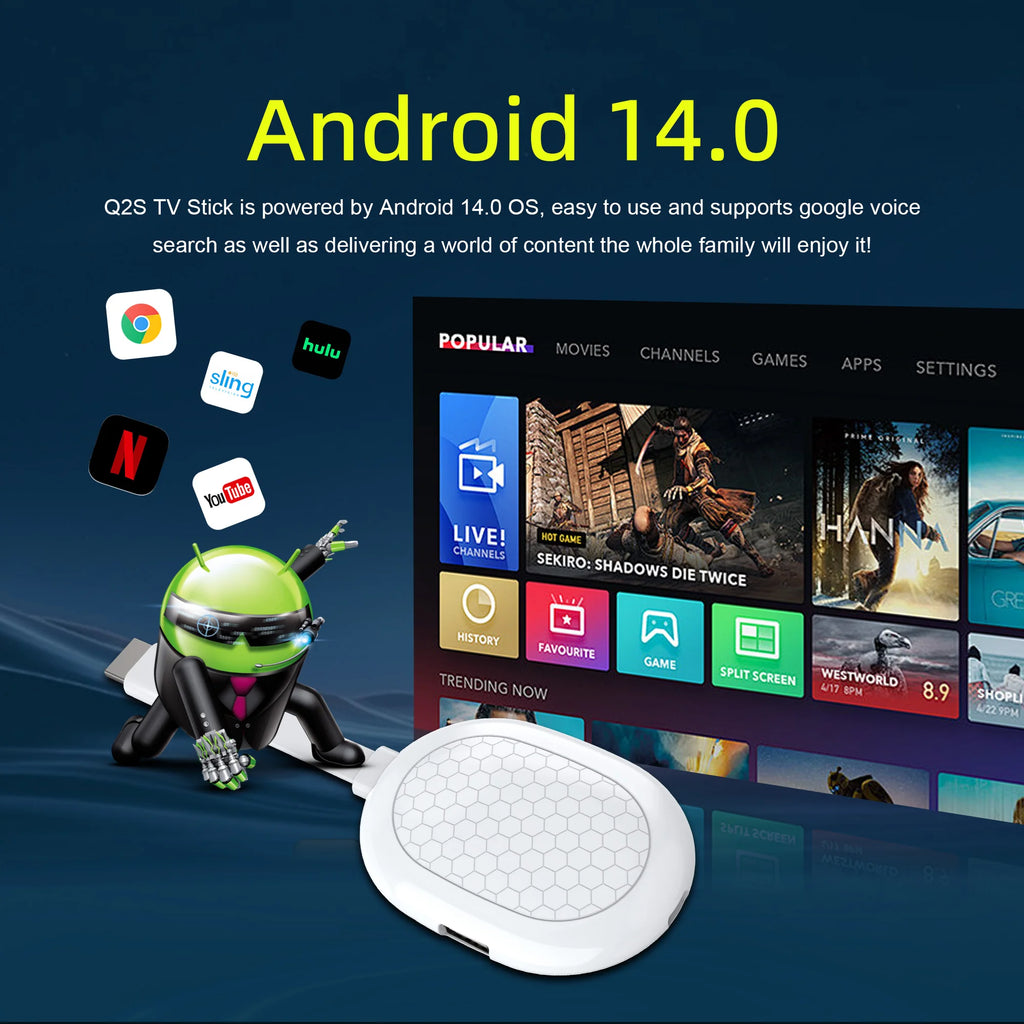 Smart TV stick Android14 Allwinner H313 Mortal Q2S Chromecast Voice remote WiFi6 4K@60fps WiFi6 Blueooth 2GB8GB16GB Streaming