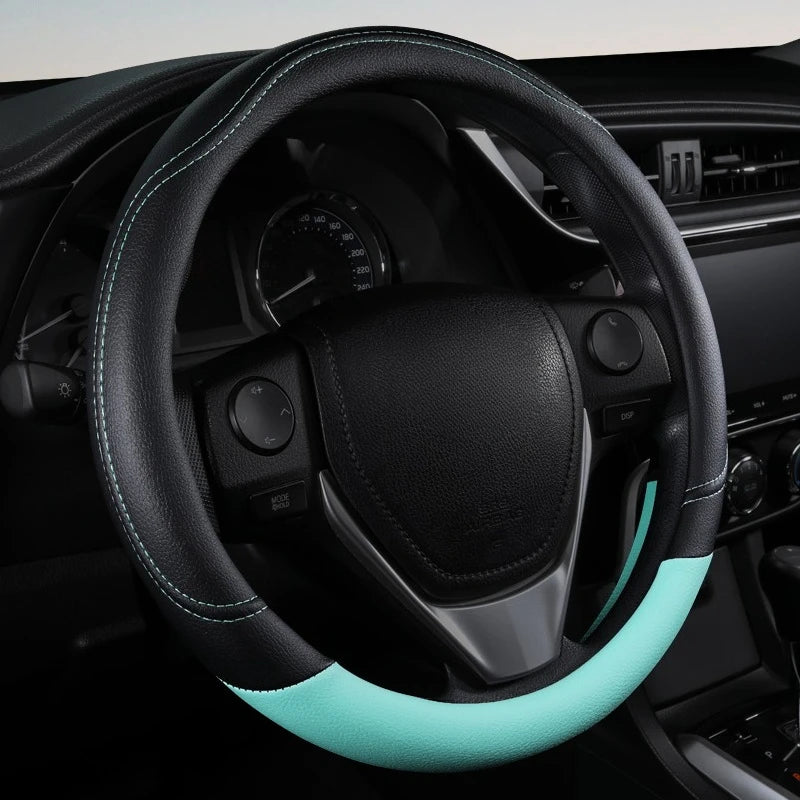 PU Leather Contrast Colour Car Steering Wheel Cover  Sweat Absorbent, Wear Resistant and Non-slip, Universal in All Seasons - Free Item