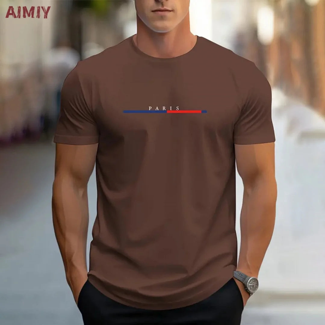 Summer Men's T-shirt Top Casual Loose Fit Oversized T-shirt PARI Letter Pattern Printed Round Neck Short Sleeved Homme Vêtement - Free Item.