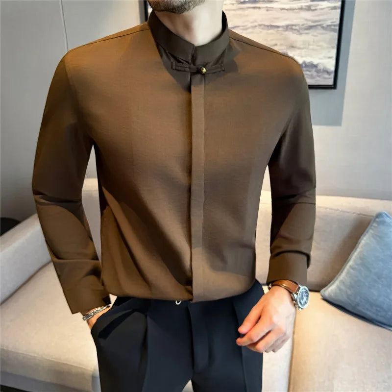 Chinese Style Stand Collar Men Shirt Hidden Button Solid Casual Slim Fit Long Sleeved Dress Shirts High Quality Men Clothing