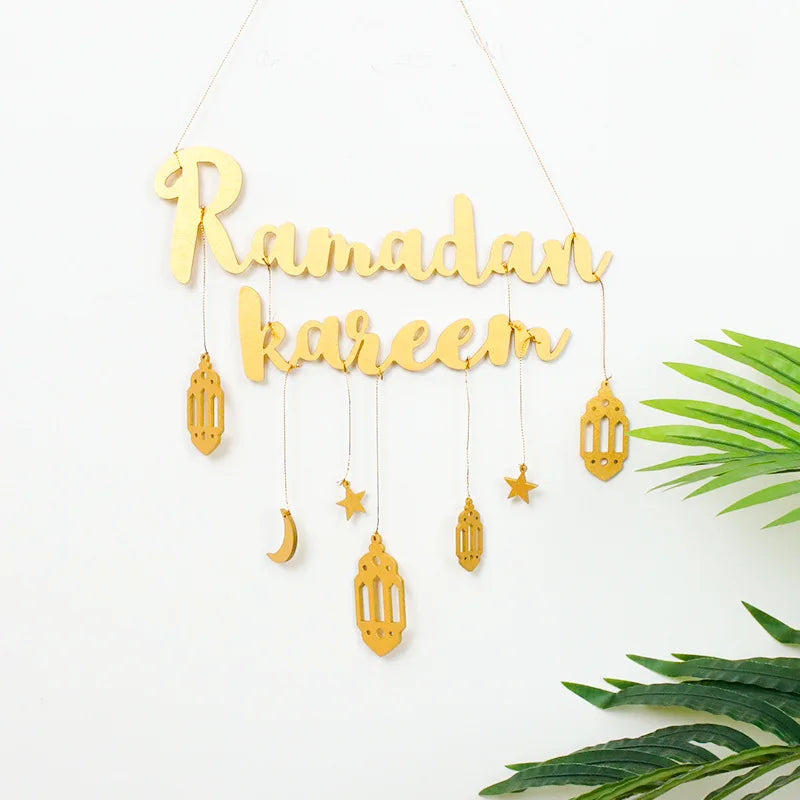 Ramadan Kareem Hanging Wooden Sign Islamic Holy Month Decor with Moon Star Lantern Pendants for Eid Wood Craft Home Decoration