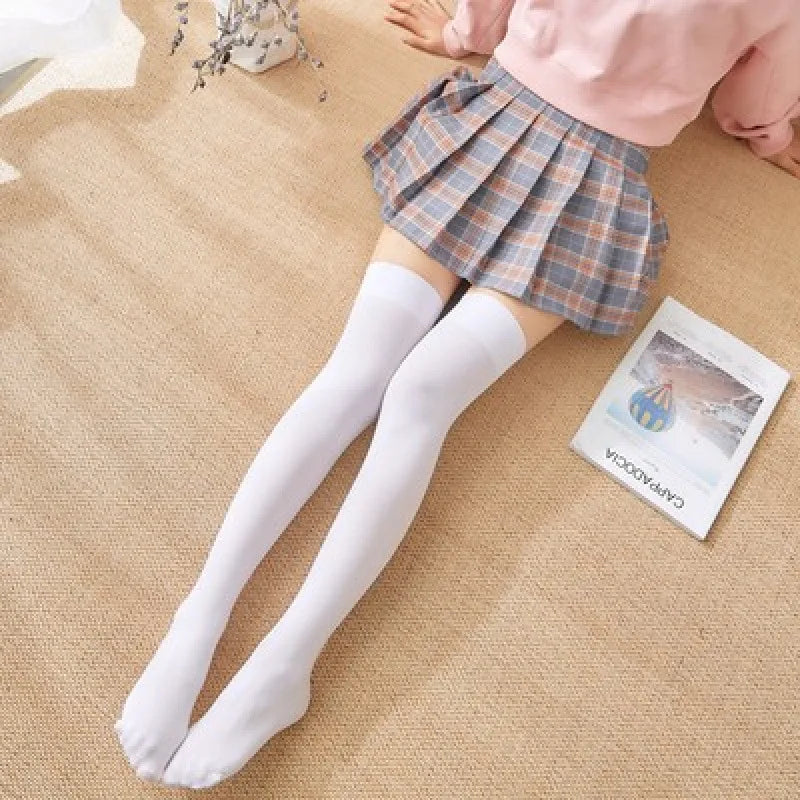Solid Color Lolita Long Stockings JK Women Girls Cute Black White Tights Over Knee Thigh High Socks Cosplay Sexy Nylon Stockings