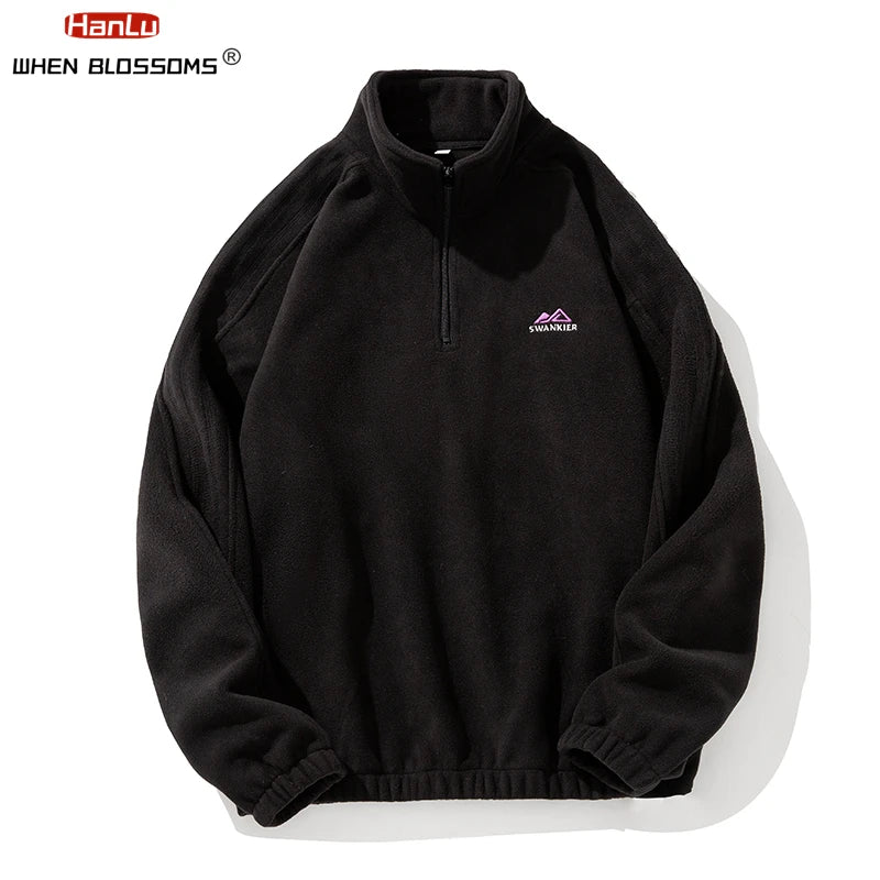 Autumn Winter Fleece Warm Stand Collar Embroidered Half Zip Men's Sweater New WoMen Fashion Streetwear Sweatshirts Casual Coats