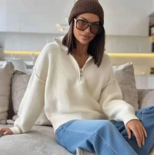 Half Zip Sweater Women's Autumn and Winter New Loose Fitting Pullover Solid Color Lapel Knitted Sweater Top