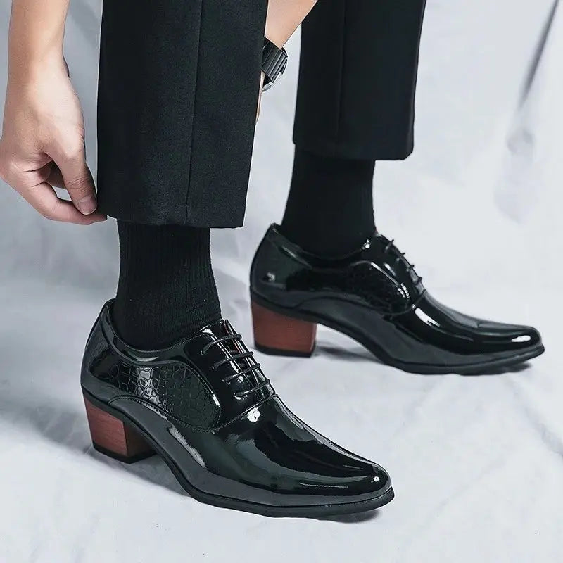 Pointed High Heel Leather Shoes For Men In British Business And Casual Heightened Wedding Shoes Korean Style Shiny Hairstylist