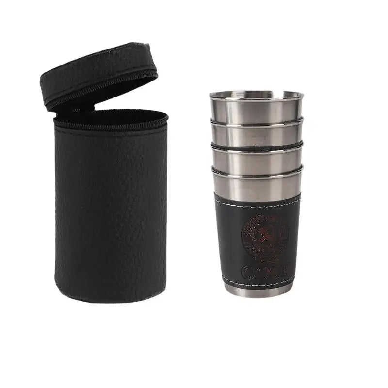 4Pcs/Set Portable Coffee Wine Beer Whisky Cup Camping Tableware Outdoor Travel Cups Stainless Steel Cup With PU Leather