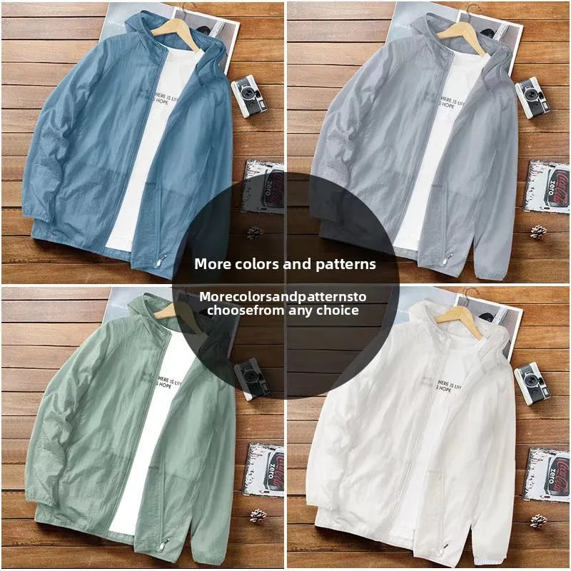 Summer Men's Ice Silk Thin Sun Protection Coats Sportswear Hooded Man Casual Jackets Outdoor Fishing Sunscreen Clothing Top