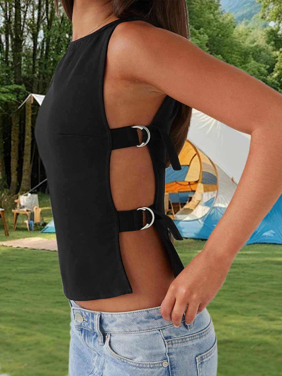 Women s Sleeveless Boat Neck Tank Tops with Side Buckle Detail - Solid Color  Fit Vest for Summer Style