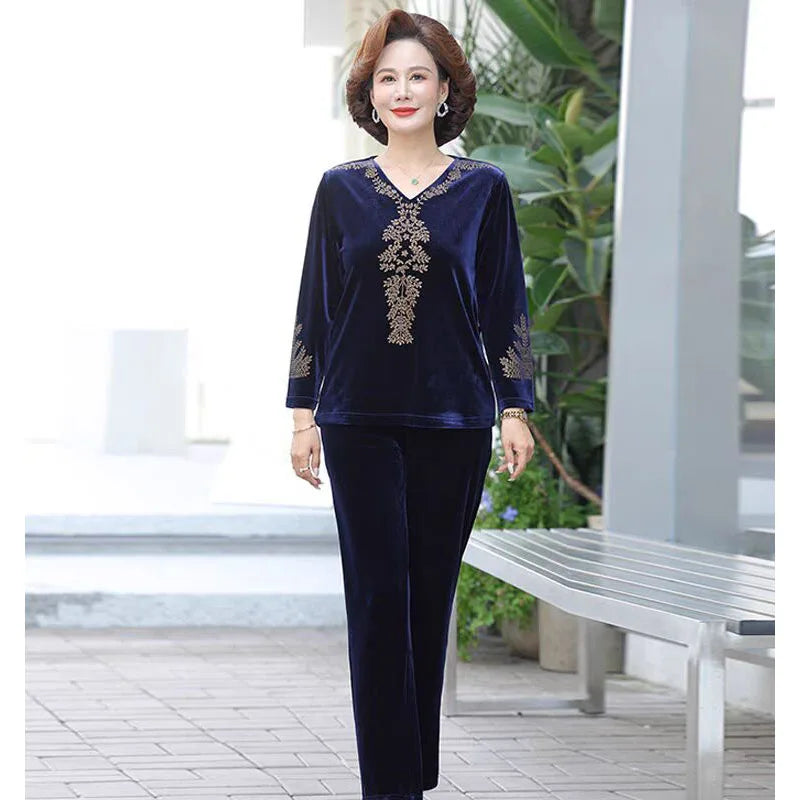 6XL 7XL Mom's Gold Velvet Sets Spring Autumn Large Size V-nevk  Hot Diamond Tops Pants 2 Piece Suit Elderly Women Velvet Outfit