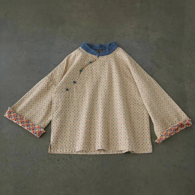 Johnature Women Vintage Cotton Shirts And Tops Polka Dot Stand Chinese Style Blouses 2025 Spring New Seven Sleeve Female Shirts