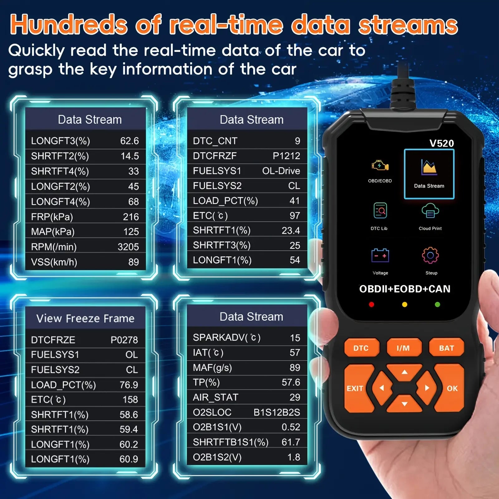 Multilingual automotive OBD2 scanner code reader, professional V520 diagnostic tool, real-time data OBD2 fault detector