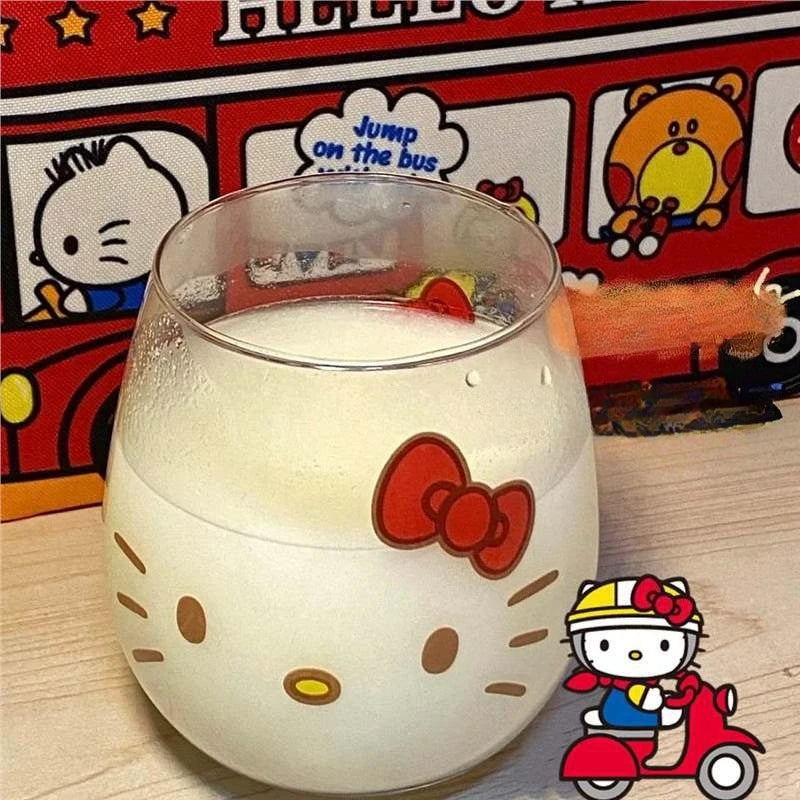 Kawaii Hello Kitty Cinnamoroll Glass Cup Cute Cartoon Girlish Heart Milk Fruit Juice High-capacity Big Bellied Cup Gifts 500ML