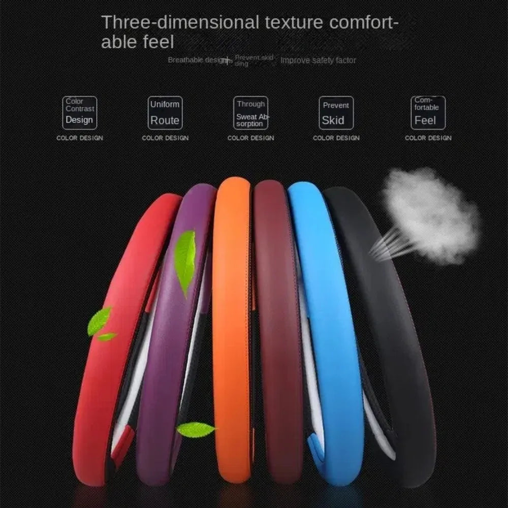 38cm Steering Wheel Cover PU Leather Anti Slip Steer Wheel Protector Fiber Braid Breathable Steering Cover