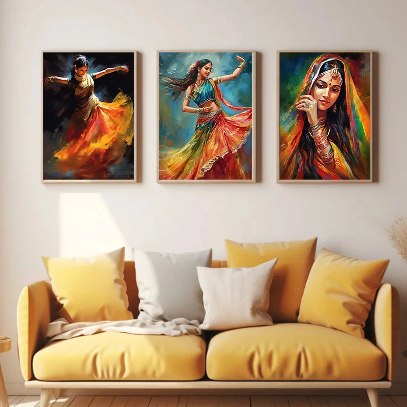 Indian Woman Dance Poster Vintage Traditional Beautiful Indian Woman Art Canvas Painting Wall Print Picture Room Home Decor - Free Item.
