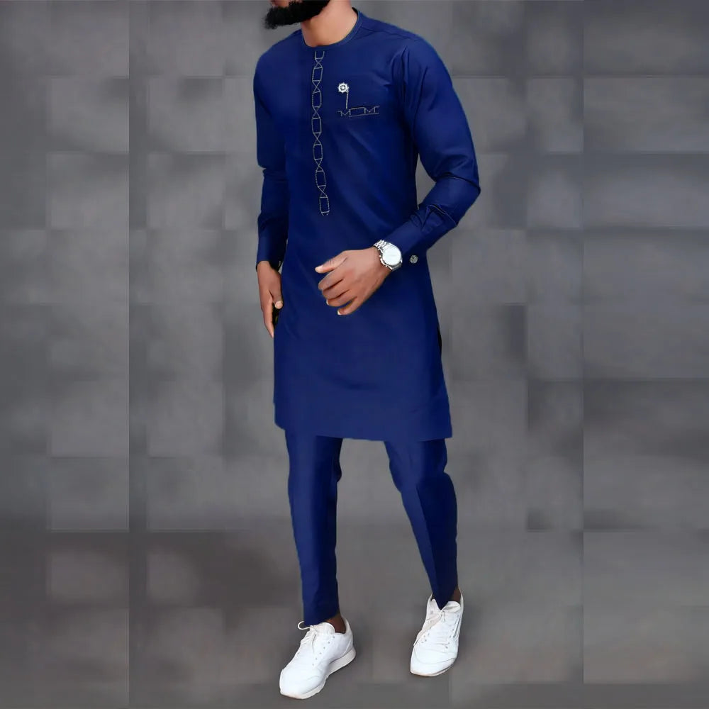 Kaftan Luxury Designer Men's Set African Clothing Men Suit Solid Color Embroidered Top and Sweatpant 2Pcs Festive Wedding Simple