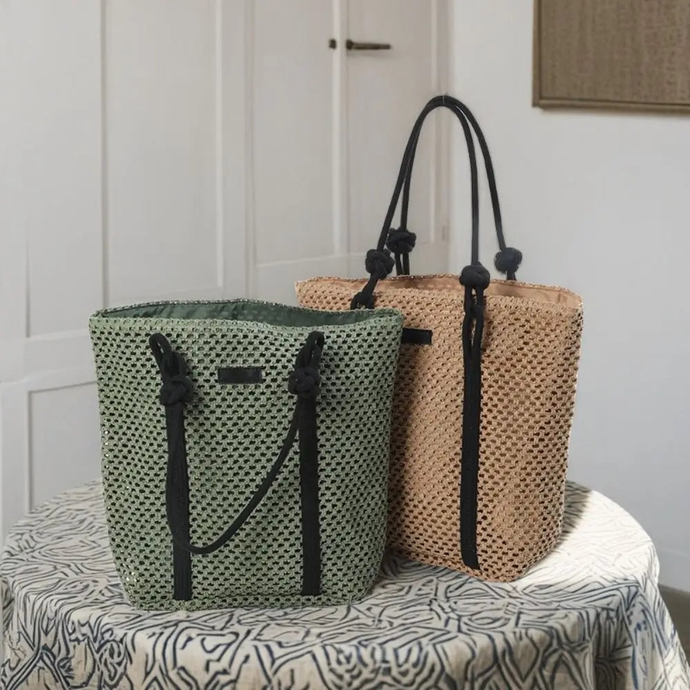 Handmade Straw Woven Bags Large Capacity Zipper Closure Beach Handbags Top-Handle Solid Color Women's Shoulder Bags