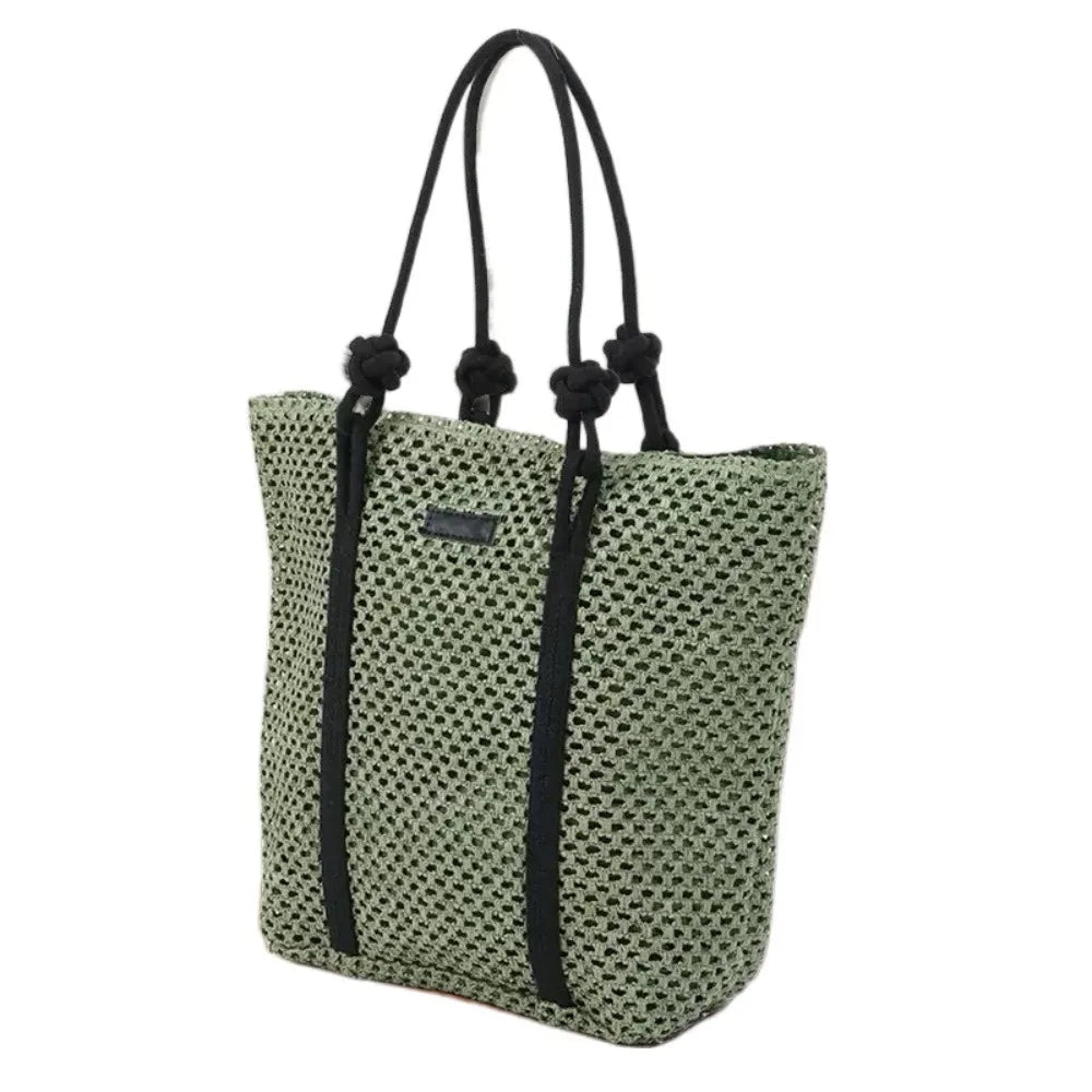 Handmade Straw Woven Bags Large Capacity Zipper Closure Beach Handbags Top-Handle Solid Color Women's Shoulder Bags